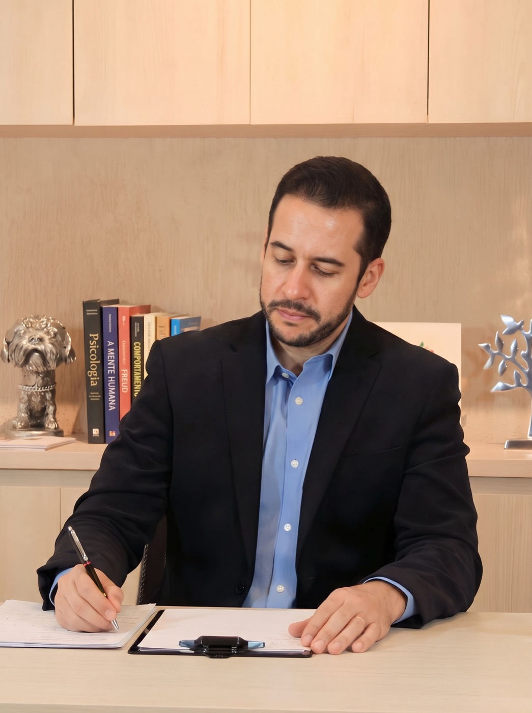 Fábio Ribeiro fazendo anotações à mesa do consultório